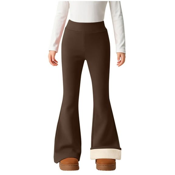 Girls Fleece Lined Flare Leggings Elastic High Waist Plain Bell Bottom Sweatpants Kids Slim Fit Warm Winter Joggers