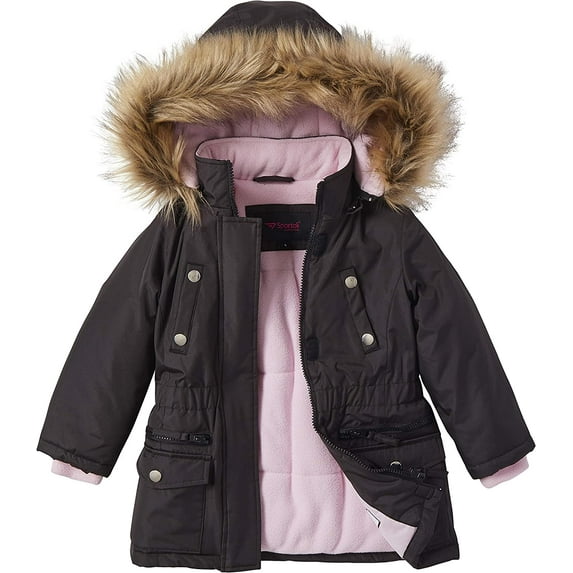 Girls Fleece Lined Heavy Winter Anorak Jacket Coat Faux Fur Trim Zip-Off Hood 7-8 Black