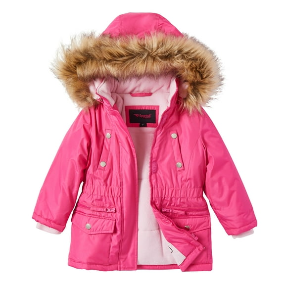 Girls Fleece Lined Heavy Winter Parka Jacket Coat Faux Fur Trim Zip-Off Hood - Fuchsia (14/16)