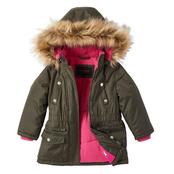 Girls Fleece Lined Heavy Winter Parka Jacket Coat Faux Fur Trim Zip-Off Hood - Olive (10/12)