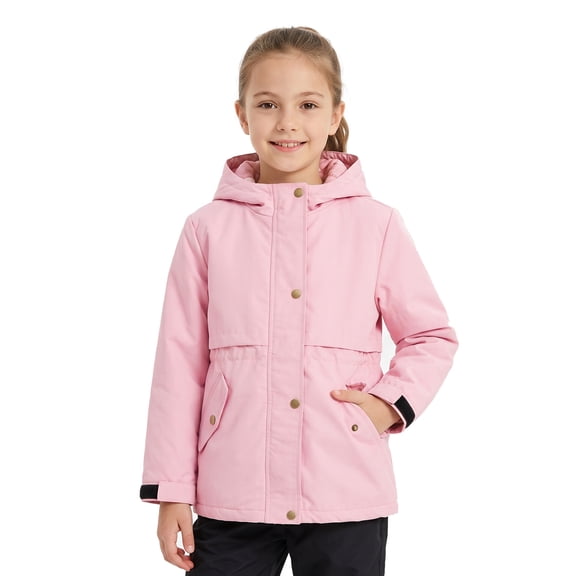 Girls Fleece Lined Hooded Jacket Adjustable Waist School Coat with Pockets for Cool Weather and Everyday Wear