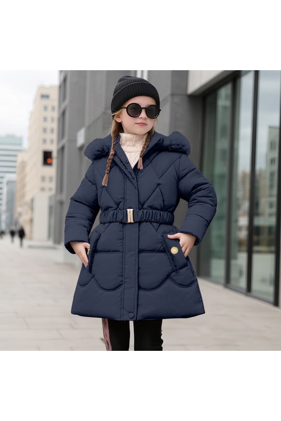 Girls Lined Jacket Puffer Jacket Hooded Long Down Jacket Windproof Coat (Navy 11-12Years)