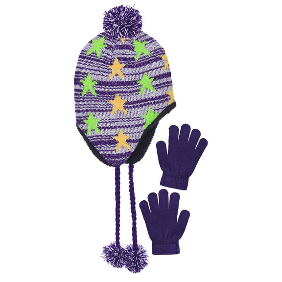 Girls Fleece Lined Knit Pom Beanie & Gloves Set with Warm Ear Flaps
