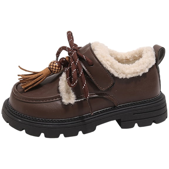 Girls Fleece Lined Leather Loafers Toddler Slip On Platform Mary Jane Shoes Kids Non Slip Casual Plush Dress Shoes Brown Size 8.5 Toddler