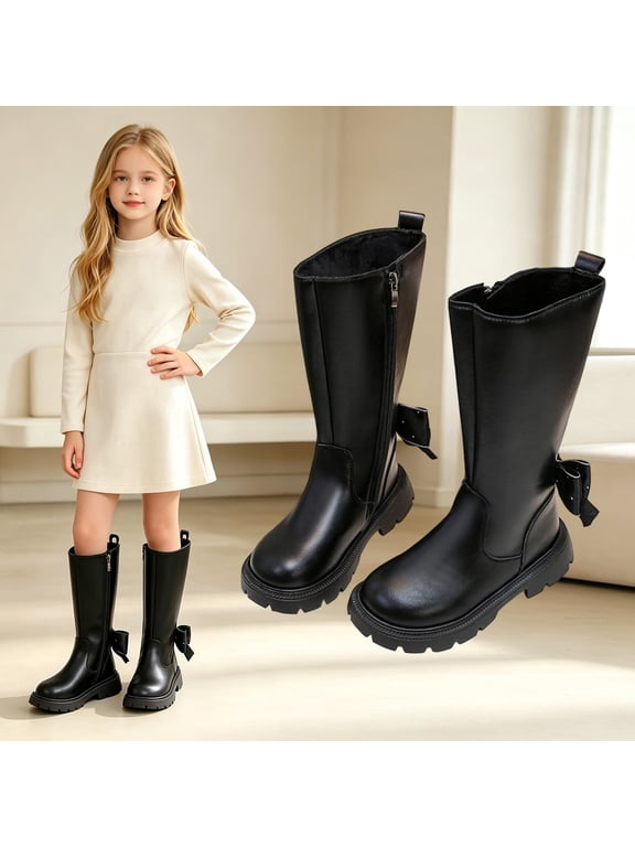 Girls Fleece Lined Mid Calf Boots Heart & Bow Decor Side Zipper Tall Boots Non Slip Thick Sole Kids Winter Dress Boots