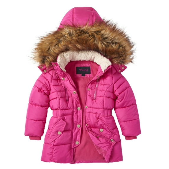 Girls Fleece Lined Quilted Midlength Winter Puffer Jacket Zip-Off Sherpa Hood - Fuchsia (7/8)