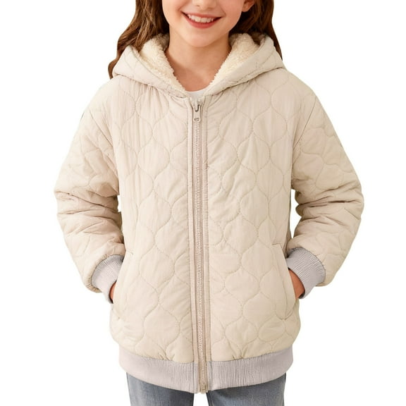 Girls Fleece Lined Sherpa Lining Hooded Puffer Jacket Winter Coats Waterproof Quilted Hooded Jackets Teen Kids Padded Warm Zip up Outwear