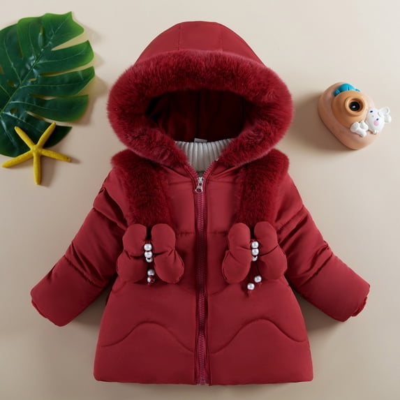 Girls' Fleece Lined Winter Jacket with Faux Fur Trim Hood, Thickened Cotton Coat Triple Layer Warmth, Windproof Mid-Length Outerwear for Cold Weather Protection Red
