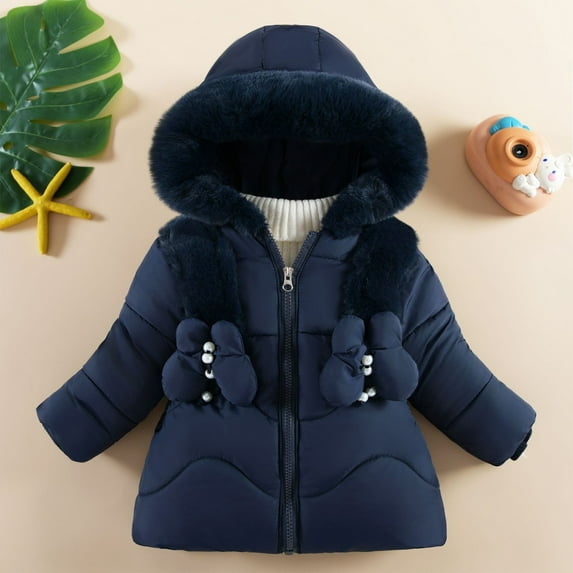 Girls' Fleece Lined Winter Jacket with Faux Fur Trim Hood, Thickened Cotton Coat Triple Layer Warmth, Windproof Mid-Length Outerwear for Cold Weather Protection Navy