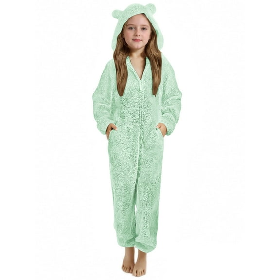 Girls Fleece Onesie Pajamas Size 8-10 Zip-Up Sherpa Jumpsuit Cat Ears Hooded Rompers Fuzzy Onesies Pjs Sleepwear Green, 9 T