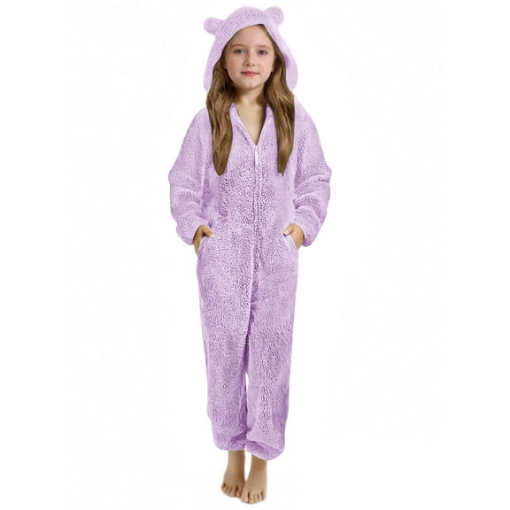 Girls Fleece Onesie Pajamas Size 8-10 Zip-Up Sherpa Jumpsuit Cat Ears Hooded Rompers Fuzzy Onesies Pjs Sleepwear Purple, 7 T