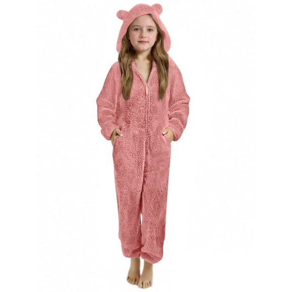 Girls Fleece Onesie Pajamas Size 8-10 Zip-Up Sherpa Jumpsuit Cat Ears Hooded Rompers Fuzzy Onesies Pjs Sleepwear Watermelon Red, 7 T