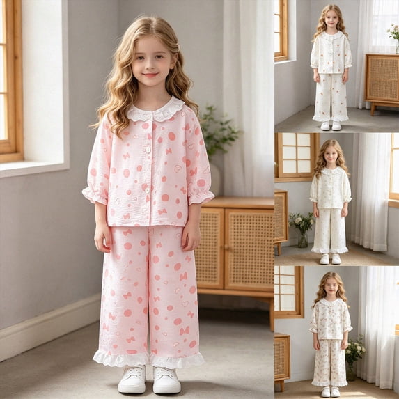 Girls Fleece Pajama Set Long Sleeve Tops & Fleece Pants Soft Kids Sleepwear Cute Prints,6-12 Months 12-24 Months 2t 3t 4t 5t 6t 7t 8t 9t Children White 2-3 Years