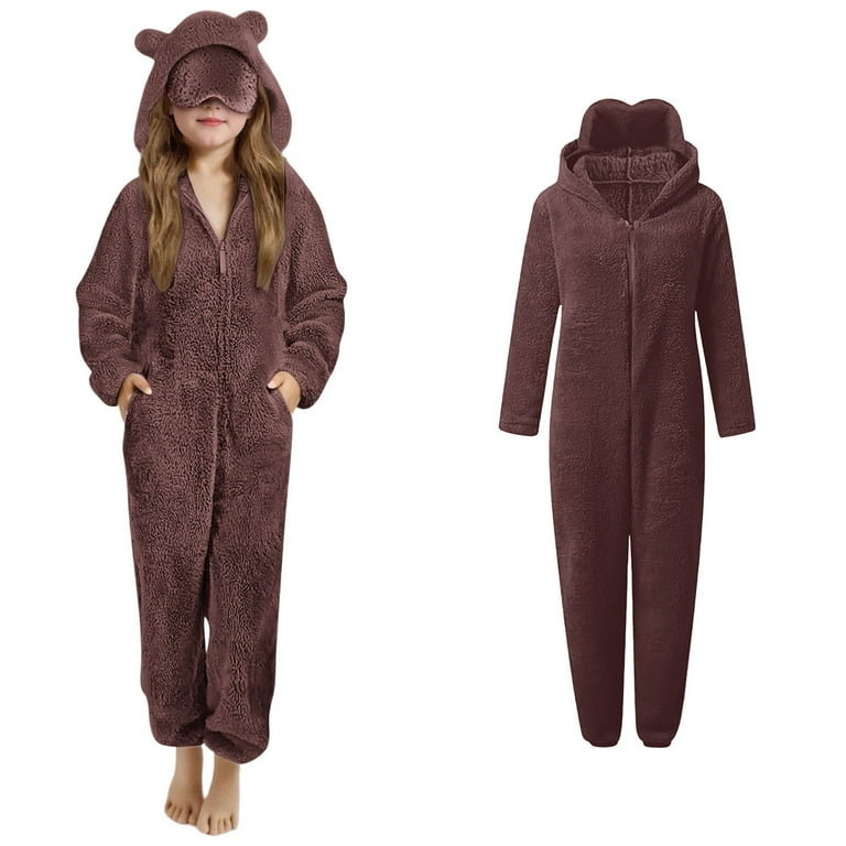 Girls Fleece Pajamas Bear Hooded Onesie Brown Onesie Kids Warm