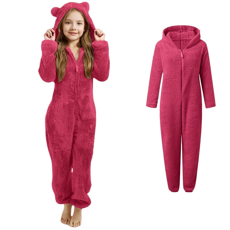 Girls Fleece Pajamas Bear Hooded Onesie Red Onsie Warm Zipper