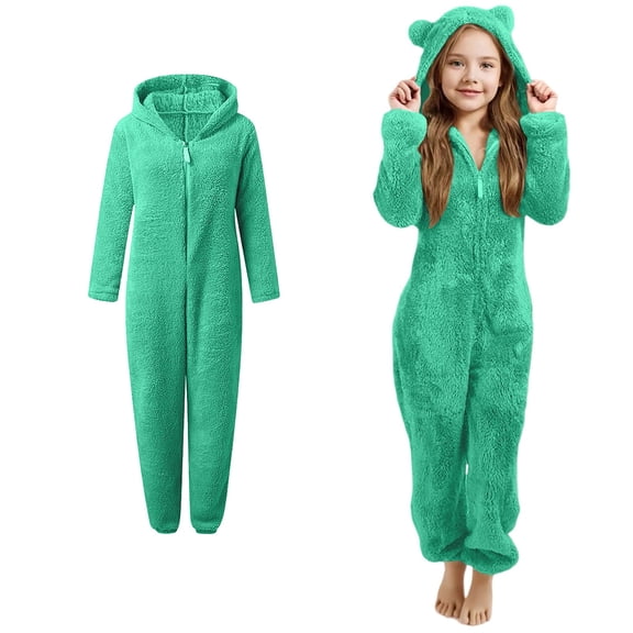 Girls Pajamas Cute Bear Ear Hooded Green Onesies Warm Zipper Romper Sleepwear Pajamas Kids 7-8 Years