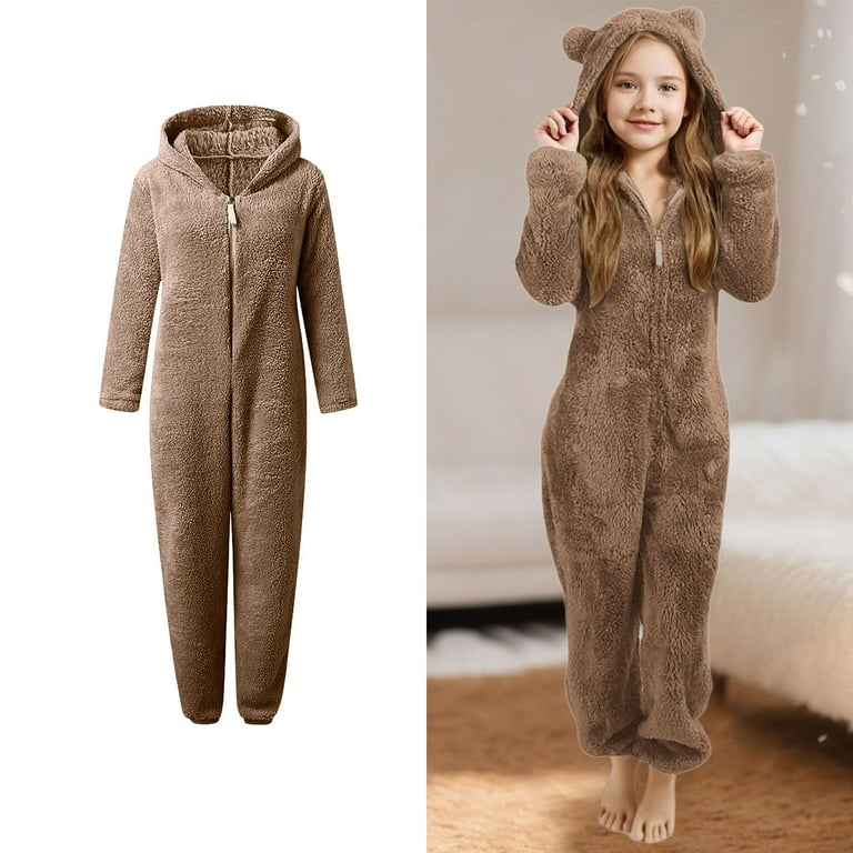 Girls Fleece Pajamas Cute Ear Hooded Khaki Pajamas Warm Zipper