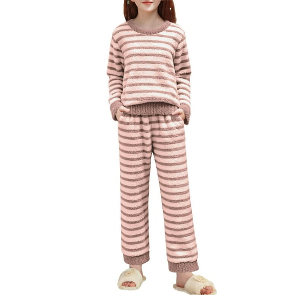 Girls Fleece Pants Sets Fuzzy 2 Piece Outfits Long Sleeve Pullover Striped Oversized Sweatshirt Set Sweatsuit (4-5 Years, Pink)