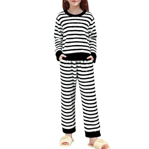 Girls Fleece Pants Sets Fuzzy 2 Piece Outfits Long Sleeve Pullover Striped Oversized Sweatshirt Set Sweatsuit (8-9 Years, Black)