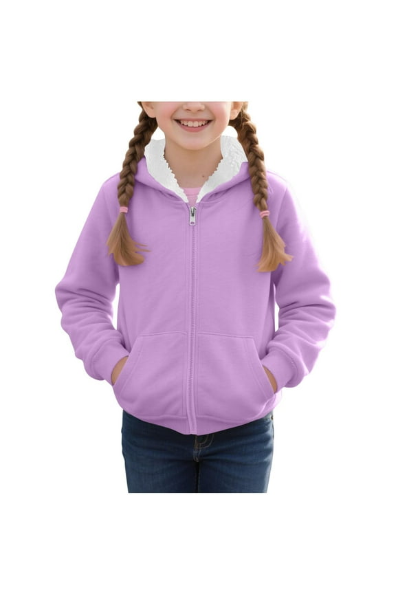 Girls Fleece Plain Hoodie Top Full Zip Hooded Sweatshirts Warm Jackets Fall Winter Casual Long Sleeve Coat with Pockets Outwear Sweat Tops Baggy Sportswear Dailywear