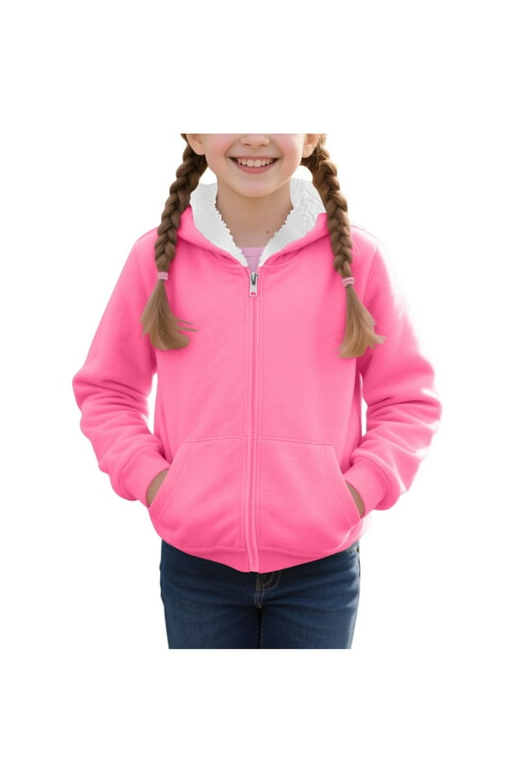 Girls Fleece Plain Hoodie Top Full Zip Hooded Sweatshirts Warm Jackets Fall Winter Casual Long Sleeve Coat with Pockets Outwear Sweat Tops Baggy Sportswear Dailywear