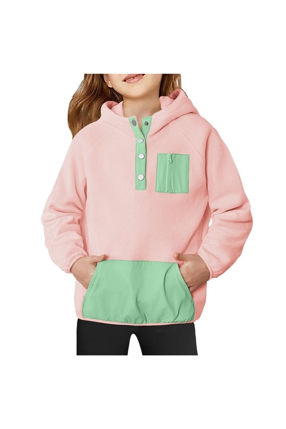 Girls Fleece Pullover Hooded Sweatshirt Color Block Fleece Hoodie for Teen Girl Winter Travel Button Front Hooded Jackets Coat with Pockets 4-13 Years