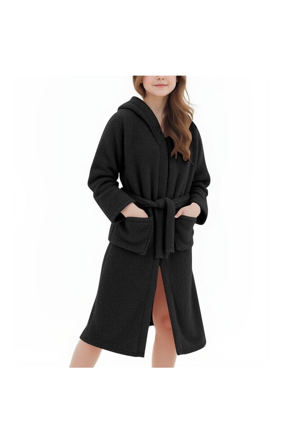 Girls Fleece Robe with Pockets Bear Ear Hooded Flannel Bathrobe Kids Belted Soft Plush Fuzzy Pajamas Sleepwear (11 Years, Black)