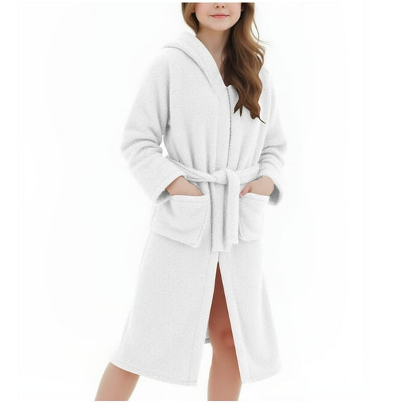 Girls Fleece Robe with Pockets Bear Ear Hooded Flannel Bathrobe Kids Belted Soft Plush Fuzzy Pajamas Sleepwear (11 Years, White)