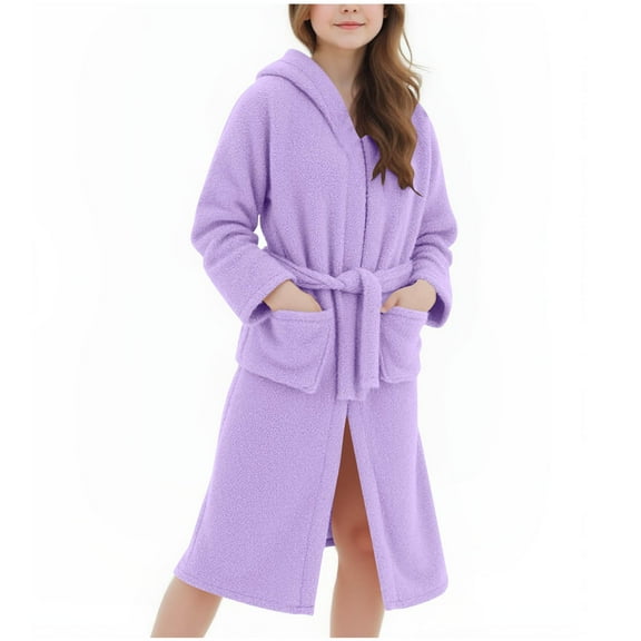 Girls Fleece Robe with Pockets Bear Ear Hooded Flannel Bathrobe Kids Belted Soft Plush Fuzzy Pajamas Sleepwear (14 Years, Purple)
