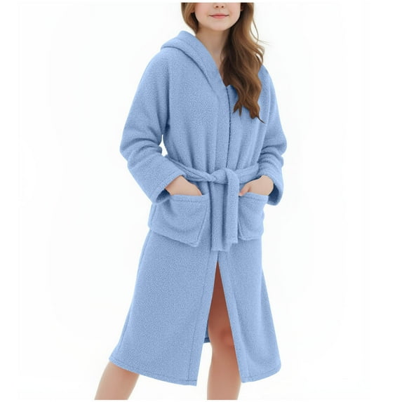 Girls Fleece Robe with Pockets Bear Ear Hooded Flannel Bathrobe Kids Belted Soft Plush Fuzzy Pajamas Sleepwear (7 Years, Blue)