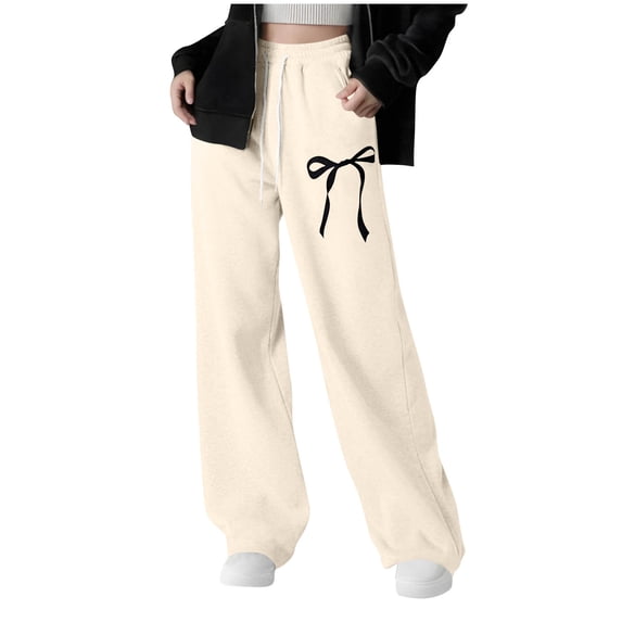 Girls Fleece Sweatpants Lightweight Bowknot Baggy Elastic Waist Straight Leg Jogger Kids Athletic Pants With Drawstring And Pocket