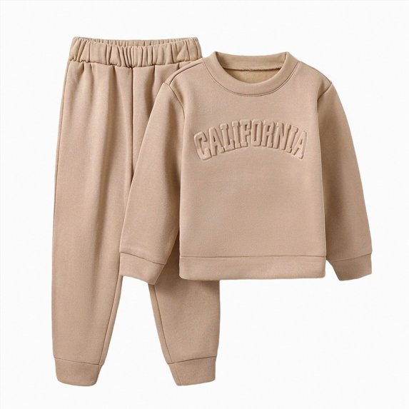 Girls Fleece Sweatshirt Fall And Winter Solid Color Letter Printing Warm Windproof Two Piece Set 5-6 Years Khaki