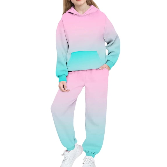 Girls Fleece Sweatsuit Sets Tie Dye Long Sleeve Pullover Hoodies And Sraight Leg Sweatpant Kids Trendy Winter Warm Tacksuit