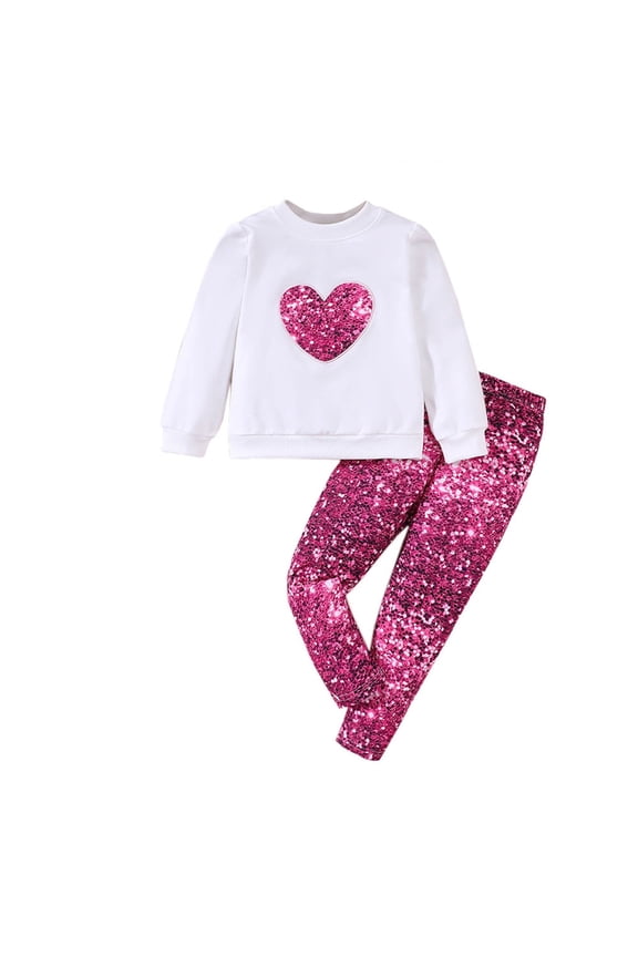 Girls Fleece Valentine's Day Sweatshirt and Jogger Pants Outfit Set hear Print Tops Sequins Pants Sets White 5 Y-6 Y