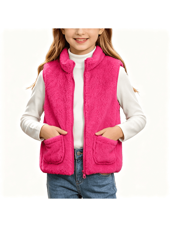 Girls Fleece Vest with Pockets Casual Full Zip Warm Turtleneck Kids Fall Winter Outwear Hot Pink 5