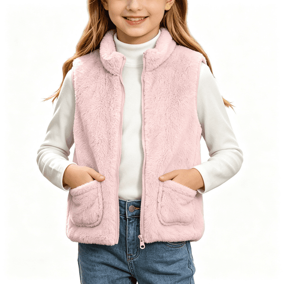 Girls Fleece Vest with Pockets Casual Full Zip Warm Turtleneck Kids Fall Winter Outwear Pink 5
