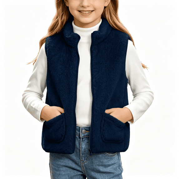 Girls Fleece Vest with Pockets Full Zip Casual Turtleneck Warm Kids Fall Winter Outwear Navy 6
