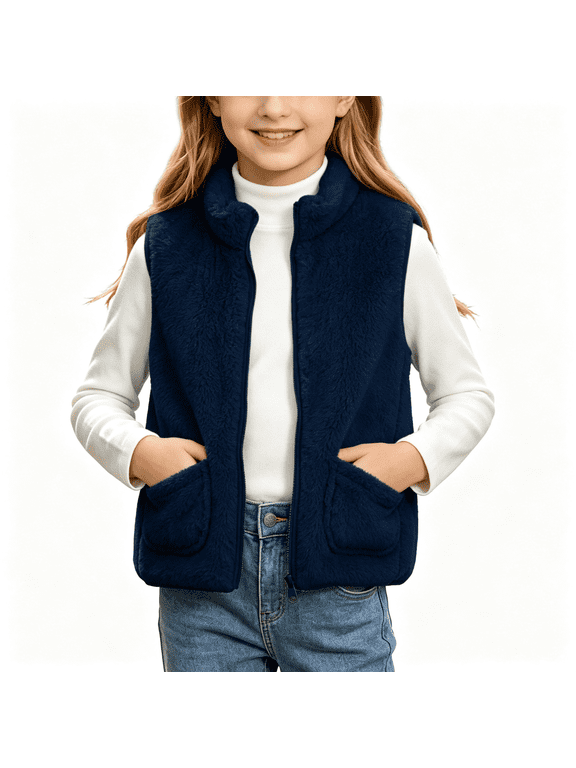 Girls Fleece Vest with Pockets Turtleneck Warm Full Zip Casual Kids Fall Winter Outwear Navy 10