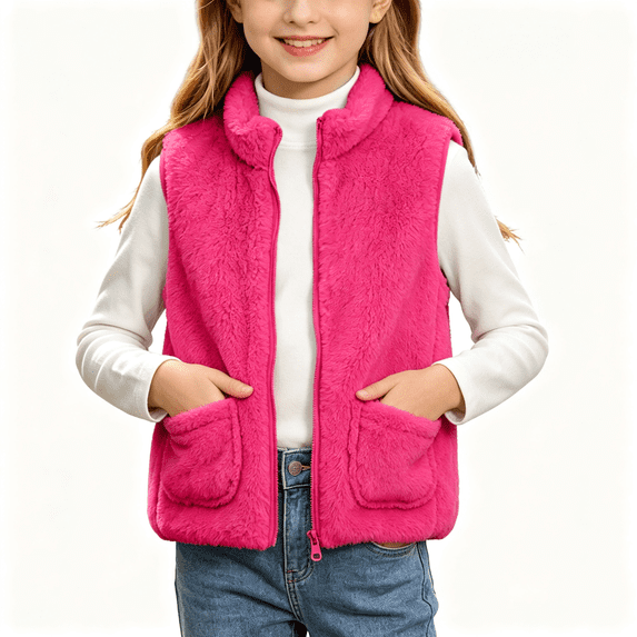 Girls Fleece Vest with Pockets Warm Turtleneck Casual Full Zip Kids Fall Winter Outwear Hot Pink 8