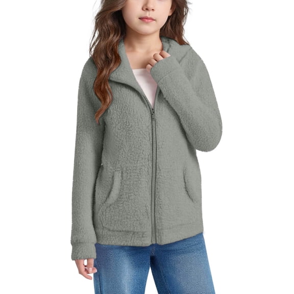 Girls Fleece Zip Up Jackets, Teen Girls Hooded Zipper Sweatshirt with Pockets Winter Travel Solid Color Long Sleeve Soft Fleece Lined Hoodies Jackets Outerwear Coats