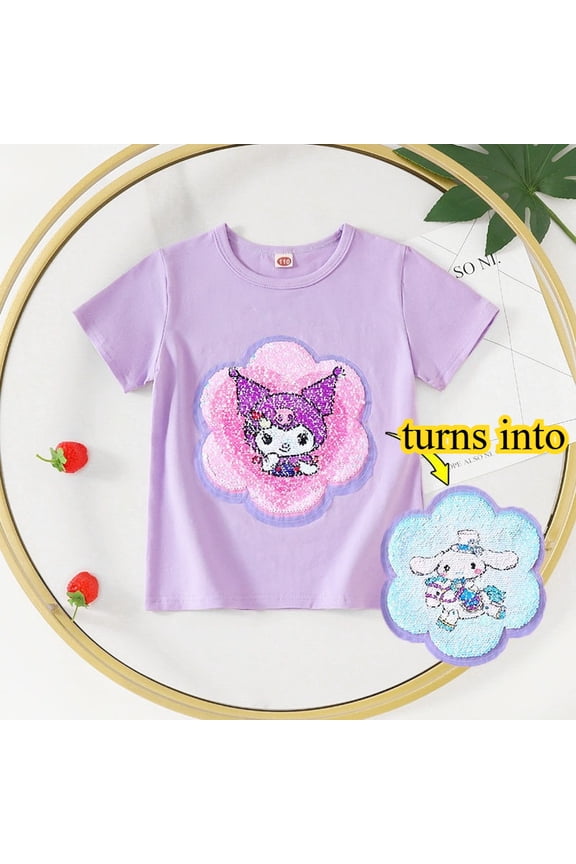 Girls Flip Sequin Short Sleeve T-Shirt, Reversible Sparkly Cartoon Graphic Crew Neck Cotton Tee, Summer Casual Tops for Little & Big Girls