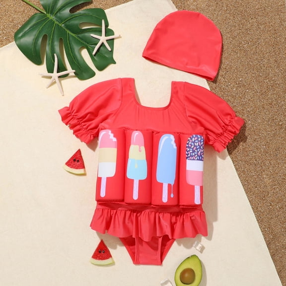 Girls Float Suit Floatation Swimsuit with Adjustable Buoyancy Bathing Swimwear Toddler Swimming Suit With Cap Summer Swim One Piece Watermelon Red