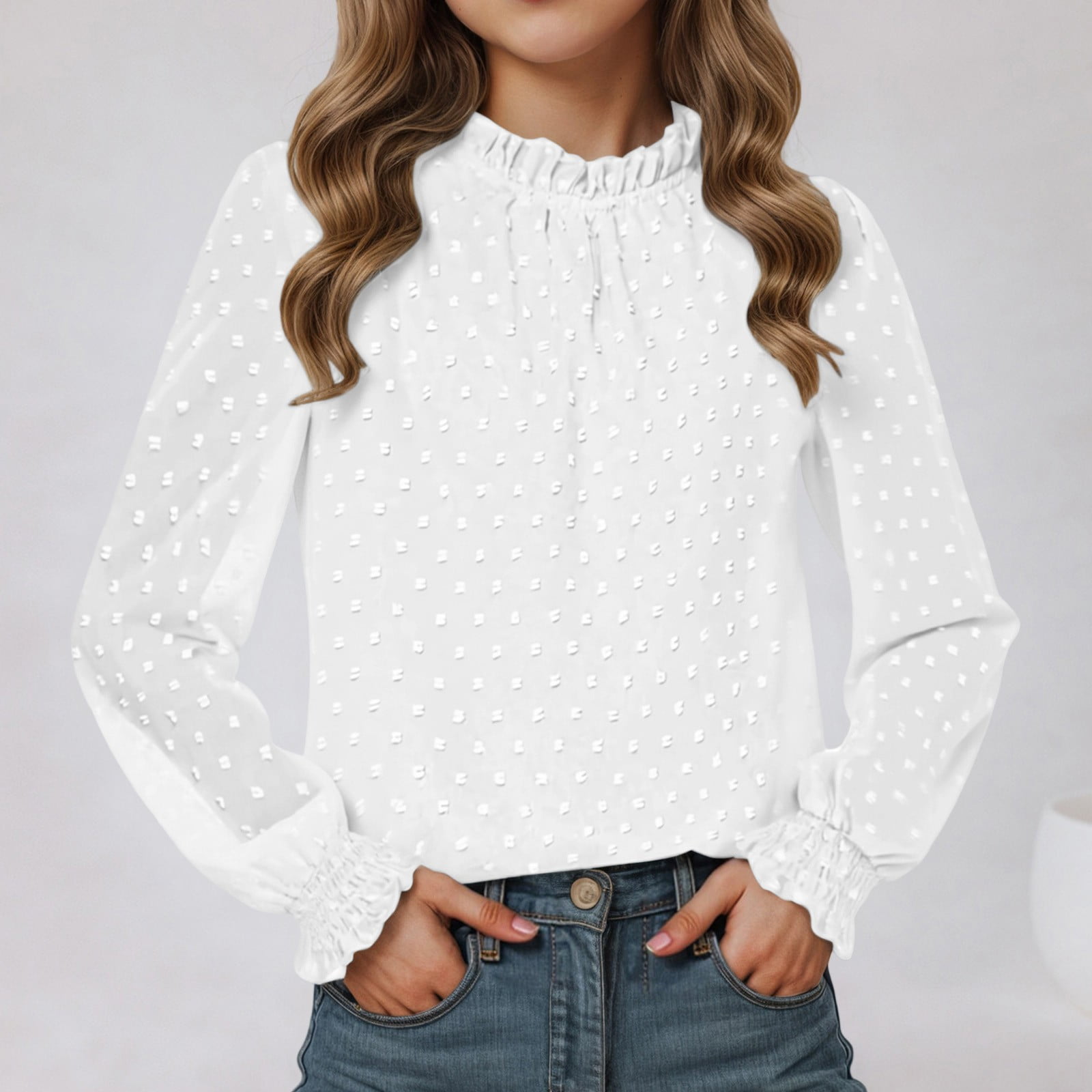 Girls Flocked Mesh Ruffle Blouse Long Sleeve Shirt With Elastic Cuffs ...