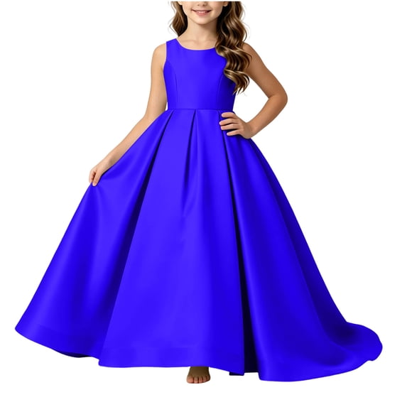 Girls Floor Length Princess Dresses,Cozy Satin Sleeveless Maxi A Line Solid Color Gown for Pageant Wedding Flower Girl Birthday Party Ceremony Blue 2-3 Years
