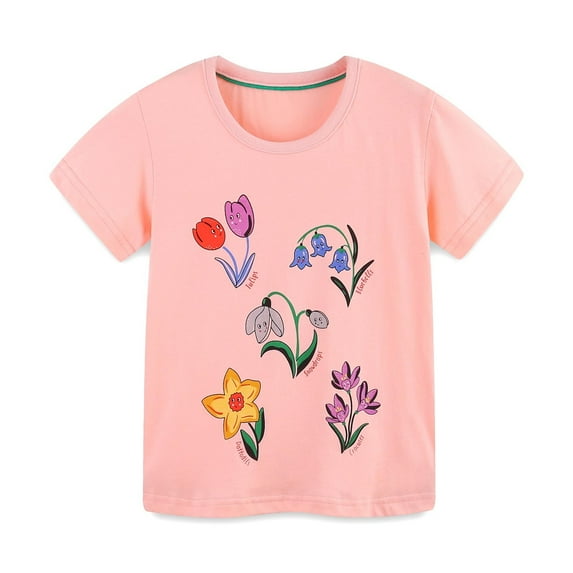 Girls Floral Buttrfly Print T Shirt Summer Short Sleeve Coton Blouse For Toddler Cozy Dailywear 5-6 Years
