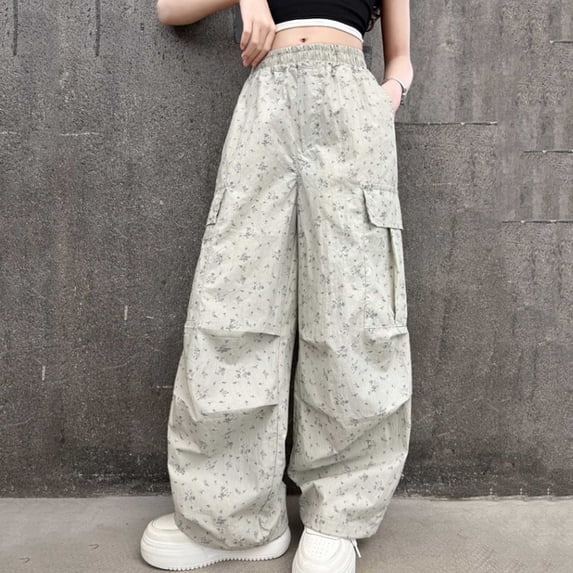 Girls Floral Cargo Pants Elastic Waist Wide Leg Baggy Trousers with Multi Pockets, For Outdoor Hiking Travel Gray 14-15Y