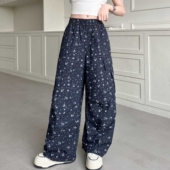 Girls Floral Cargo Pants Elastic Waist Wide Leg Baggy Trousers with Multi Pockets, For Outdoor Hiking Travel Navy 10-11Y