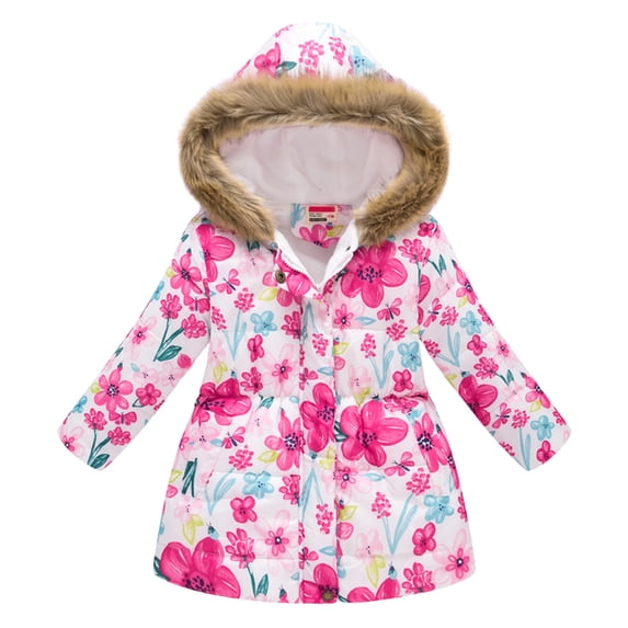 Girls Floral Cat Print Puffer Coat Hooded Winter Warm Outerwear 2-3 Years