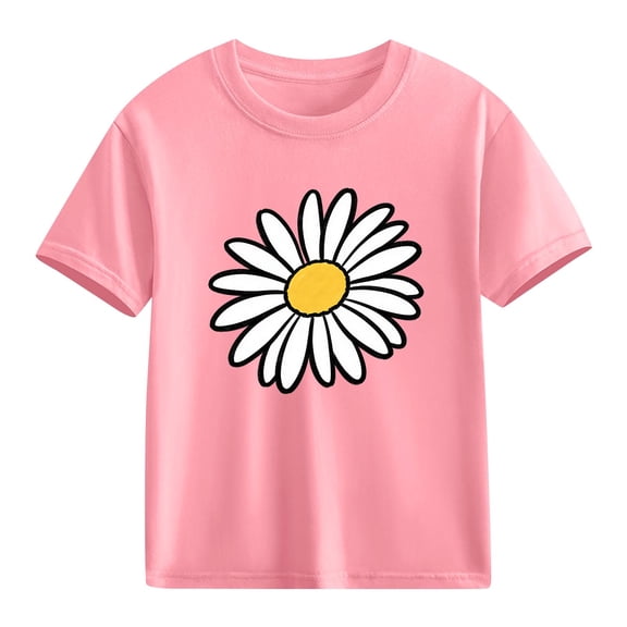 Girls Floral Daisy T-Shirt | Pink Kids' Short Sleeve Top 100% Cotton | Soft Graphic Tee for Kids & Girls Age 4-12 | Casual Crewneck Shirt,Size 5 T