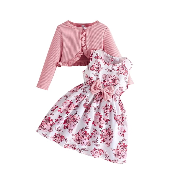 Girls Floral Dress Set 2 Piece with Cardigan, Pink Sleeveless Dress and Long Sleeve Outfit for Kids Kids 2-11 Years, Party or Everyday Wear,Size 2-3T